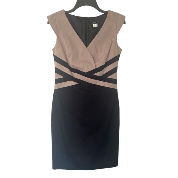 VENUS Asymmetrical Gray and Cream Sheath Dress Plunge Neckline - Picture 2 of 4